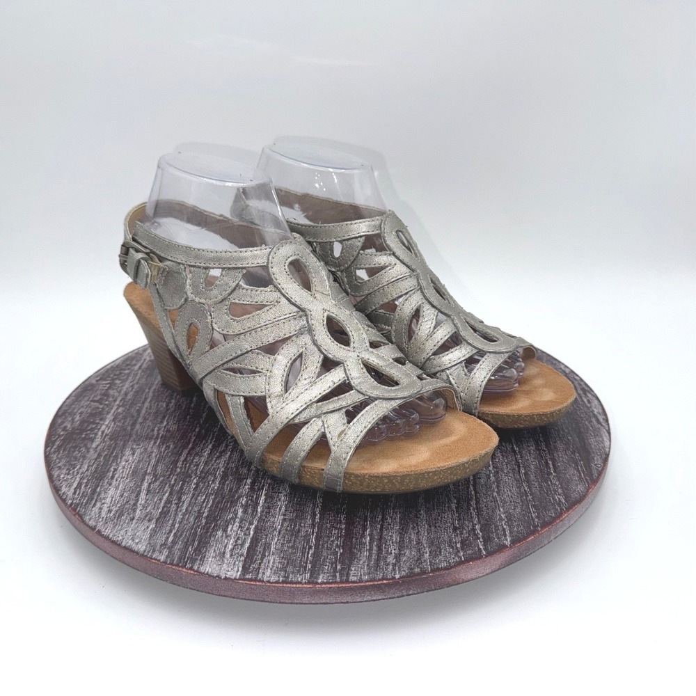 Josef Seibel Sandals Womens 40 US 9-9.5 Silver Leather Cutout Slingback Shoes